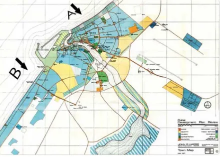 Figure 6. John Harris’s second Master Plan of Dubai from 1971 [15]. A. Deira area; B. Bur Dubai  area 
