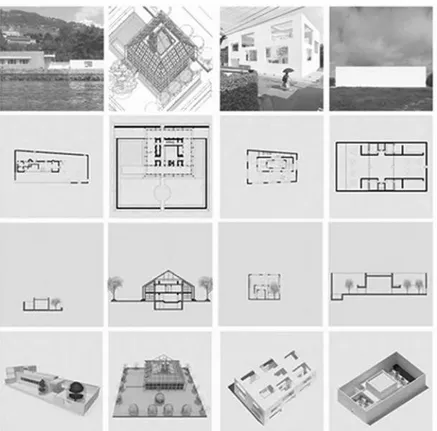 Figure 4. Sketch of different shells and spaces created within them (Villa Le Lac, Solar House, House N, Guerrero house) (Source: authors)