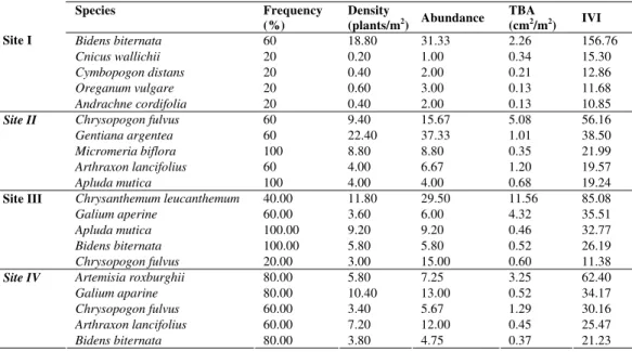 Table 4. The Importance Value Indices (IVI) of dominant species of herbs and grasses in each sites 