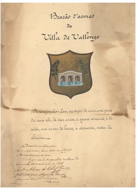 Fig. 8: 1.º Brasão de Armas da Vila de Valongo 236 , aprovado em deliberação camarária de 25 de setembro  de 1889 | Fonte: A.H.M.V