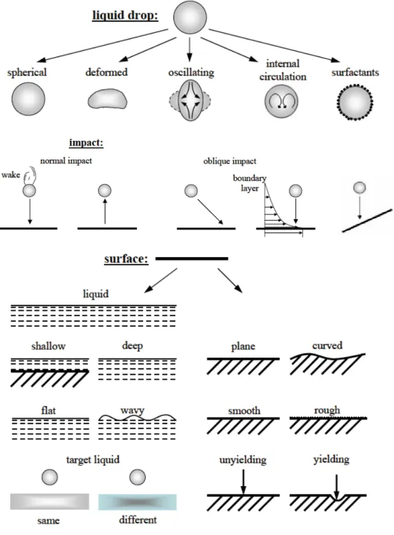 Figure 1.2 - Survey of parameters governing the impact of a liquid drop adapted from (Silva, 2007)