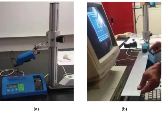Figure 2.8 - a) Roughness tester Hommel Tester T-1000; b) Testing the impact surface  used by (Cunha, 2018).