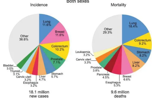 Figure 1 – Distribution of cases and deaths for the 10 most common cancers in 2018 for both sexes
