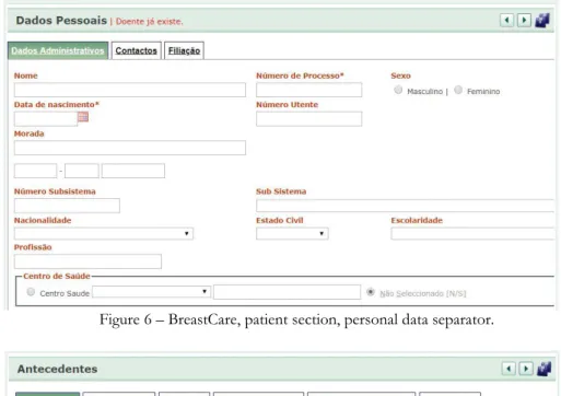 Figure 7 – BreastCare, patient section, previous history separator. 