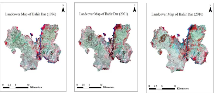 Figure 3.3: False color composite of 1986 (left), 2001 (middle) and 2010 (right).