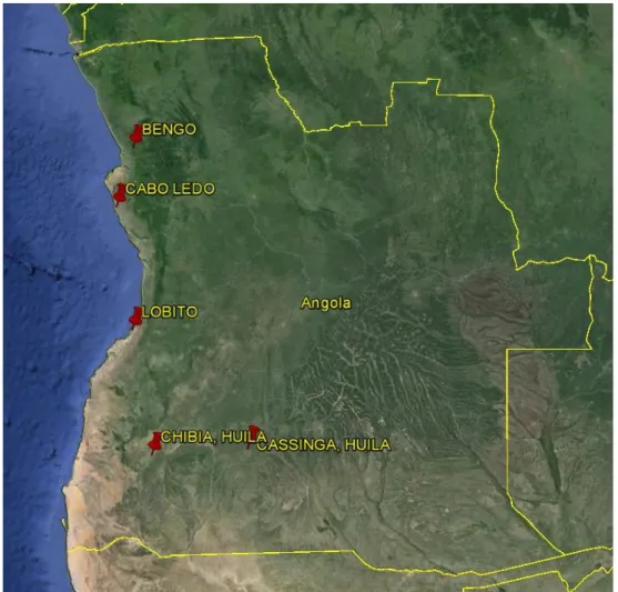 Fig. 7 - Mapa de distribuição geográfica das pedreiras analisadas em Angola. 