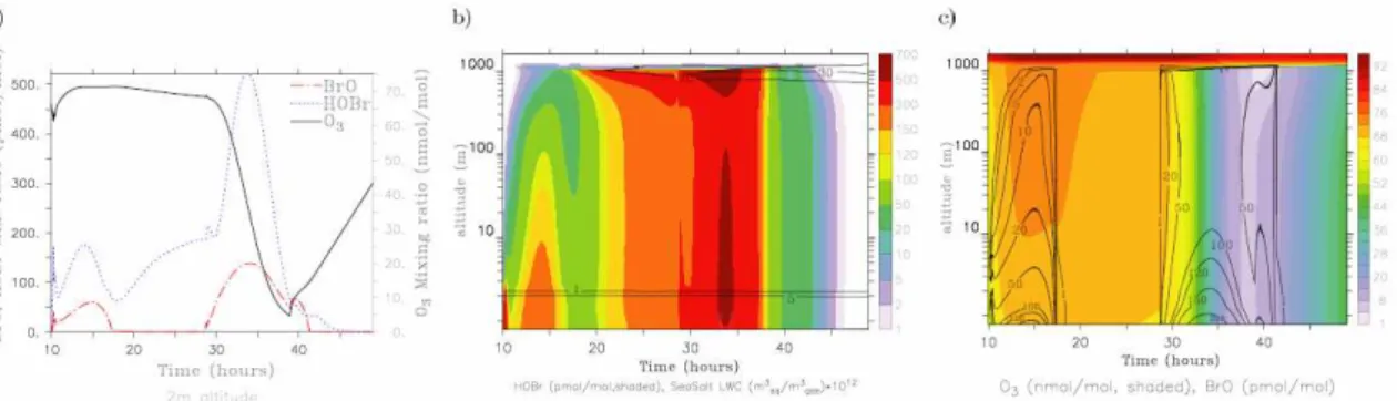 Fig. 8. All plots in this figure refer to scenario STAT. Plot (a) shows the time evolution at 2 m altitude of gas phase mixing ratios of HOBr (blue dotted line, pmol/mol), BrO (red dash-dotted line, pmol/mol) and O 3 (black solid line, nmol/mol)