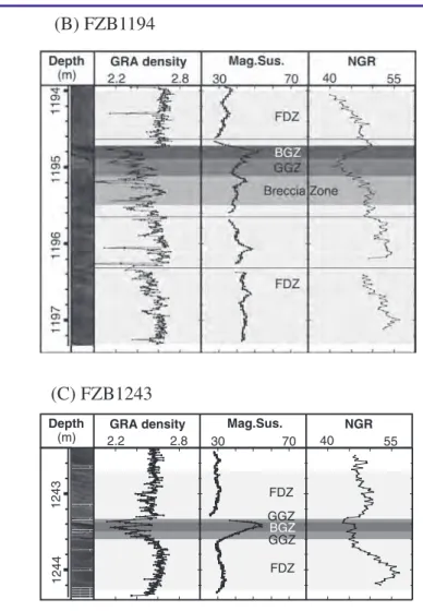 Figure 2 Density, magnetic susceptibility (Mag Sus), and natural gamma ray  radiation (NGR)  logs from [A FZB1136, [B] FZB1194, and [C] FZB1243