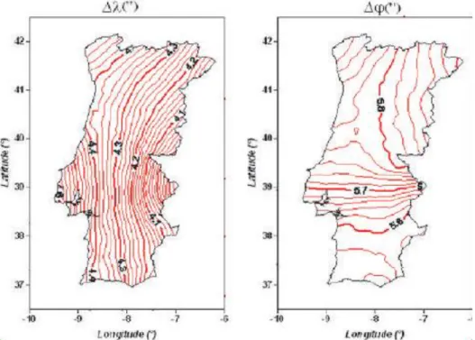 Figura 6 - Grelhas das diferenças de latitude e longitude entre o Datum Lisboa e ETRS89 [Gonçalves, 2008a] 