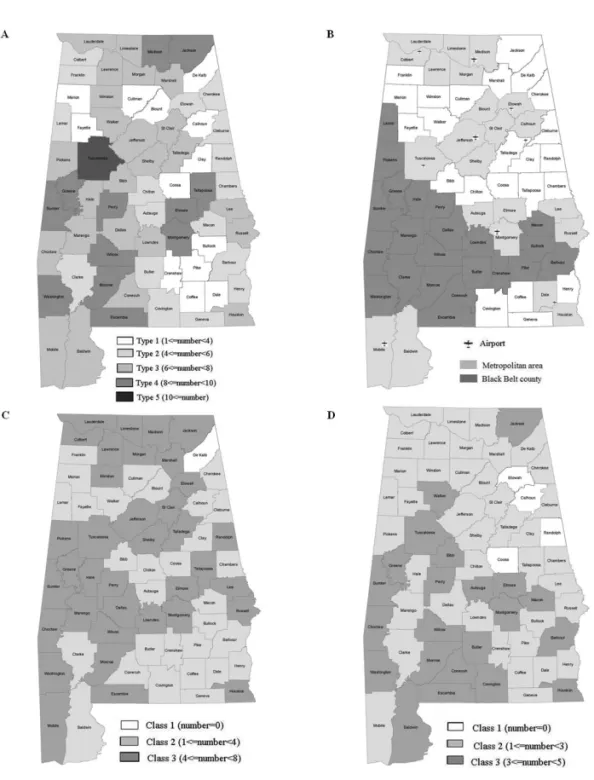 Figure 1. Spatial patterns of invasive alien species in Alabama. (A) distribution of invasive species; (B) metropolitan areas and the Black  Belt in Alabama; (C) distribution of aquatic invasive species; and (D) distribution of invasive alien plants