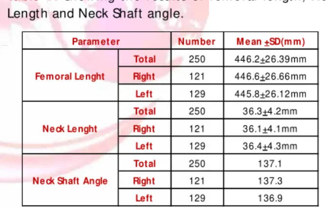Table  1:  Show ing  t he  result s  of   fem oral  lengt h,  Neck Lengt h and Neck Shaft  angle.