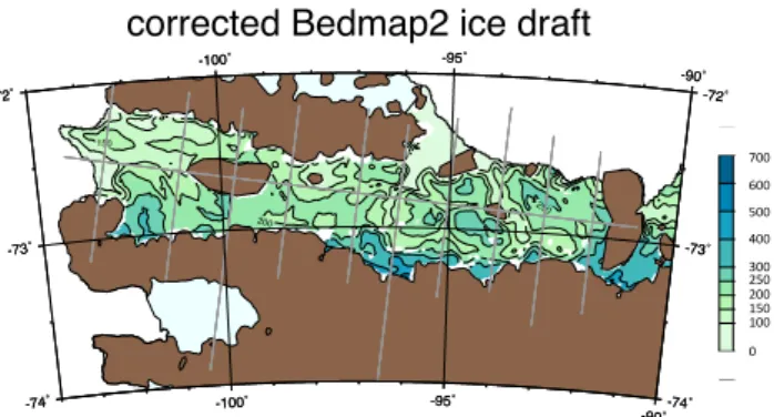 Fig. 8. Abbot Ice Shelf draft calculated from the 1 km Bedmap2 compilation of surface elevation and ice thickness (Fretwell et al., 2013) corrected as discussed in the text and contoured at 100 m  in-tervals with 150 and 250 m contours added