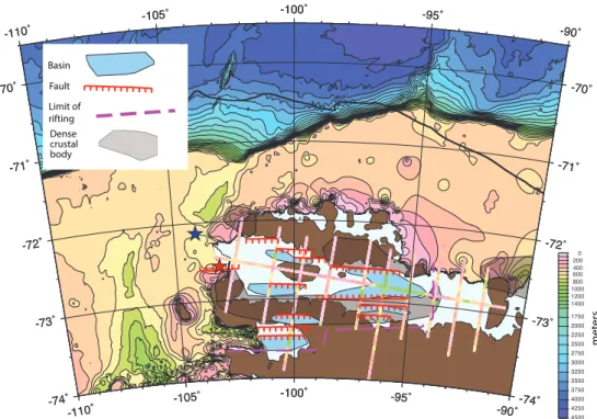 Fig. 4. Basins, faults and the spatial extent of rifting under Abbot and Cosgrove ice shelves, from inversion of Operation IceBridge gravity data along flight lines