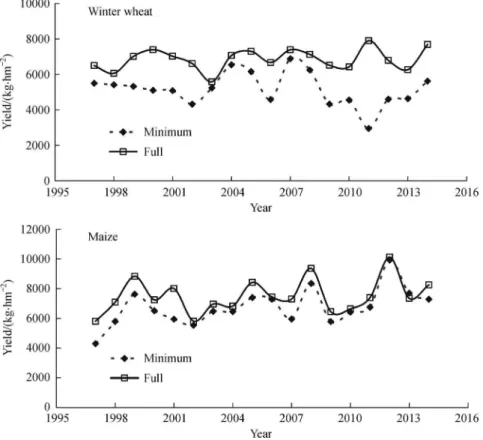 Fig. 4 The yield of winter wheat and maize under minimum irrigation as compared with the full irrigation for the past 18 years (1997 – 2015) at Luancheng station