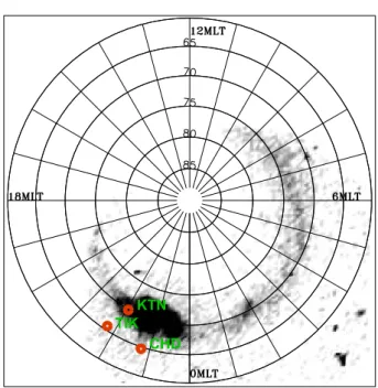 Fig. 11. The mapping of Polar UVI image onto the position of CPMN stations in Northern Russia at 3 January 1997, 13:38:22 UT (in geomagnetic coordinates).