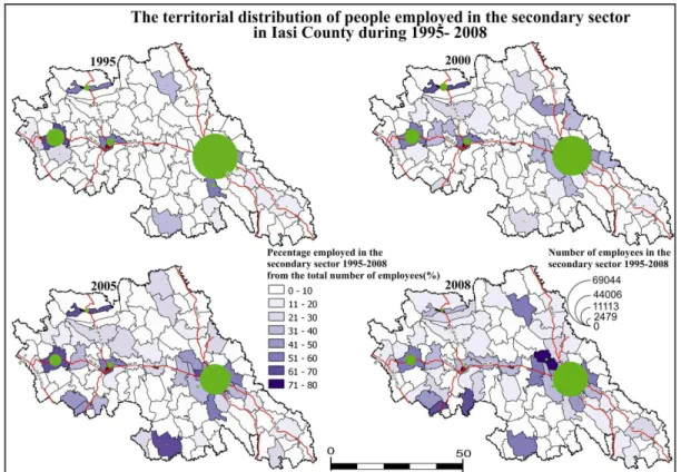 Figure 8. Territorial distribution of employees in the secundary sector during 1995-2008  Source: Statistics Department of Iași County, 2010 