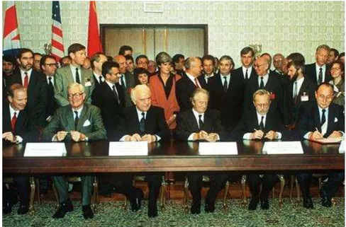 Figure 8 – The signing of the Two-plus-Four-Treaty on 12 September 1990 in  Moscow (left to right US Secretary of State James Baker, England's Foreign 