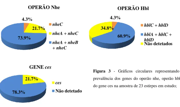 Figura  3  -  Gráficos  circulares  representando  a  prevalência  dos  genes  do  operão  nhe,  operão  hbl  e  do gene ces na amostra de 23 estirpes em estudo; 
