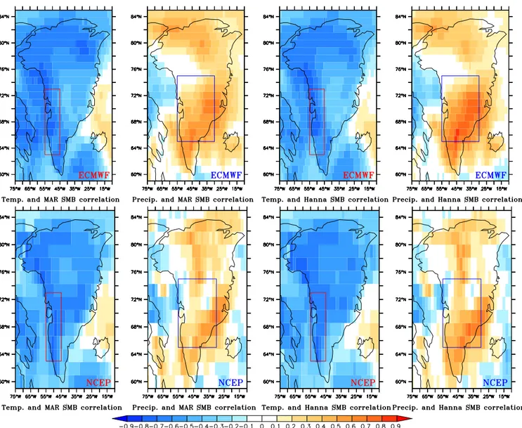 Fig. 2. Correlation between the time series of the MAR (resp. Hanna08) simulated GrIS SMB and the summer 3 m-temperature and annual precipitation from the ECMWF (resp