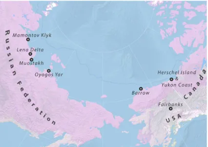 Figure 1. Study area and study sites (dots) for massive ground ice sampling in the Arctic lowlands of Siberia and North America