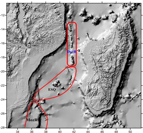 Figura 5: Localização e disposição espacial das morfoestruturas do Canal de Moçambique