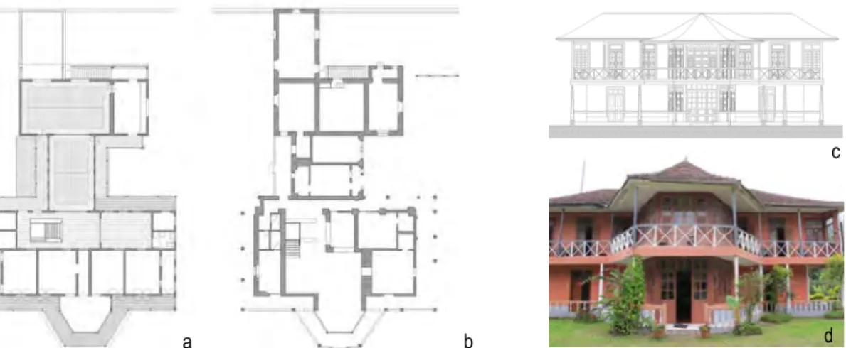 Figure 12. Example of on-going architectonic survey, main house, Roça Bombaim, São Tomé – (a) plan of the  first floor, (b) plan of the ground floor, (c) front elevation, (d) photograph [ASF+HMS]