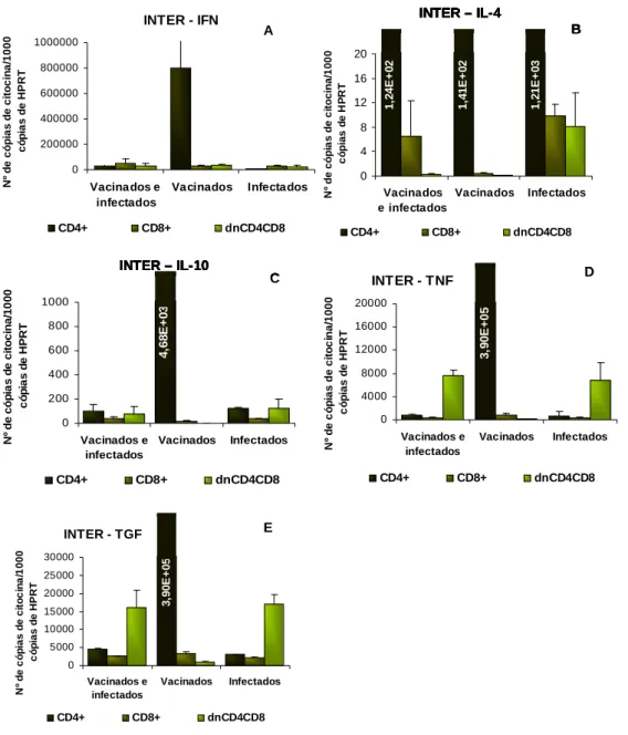 Figura  9.  Número  de  cópias  expressas  de  IFN- (A),  IL-4  (B),  IL-10  (C),  TNF- (D),e  TGF- (E)  por  1000  cópias  de  HPRT,  em  subpopulações  celulares  de  murganhos  vacinados  com  a  fracção  proteica Inter e infectados com L