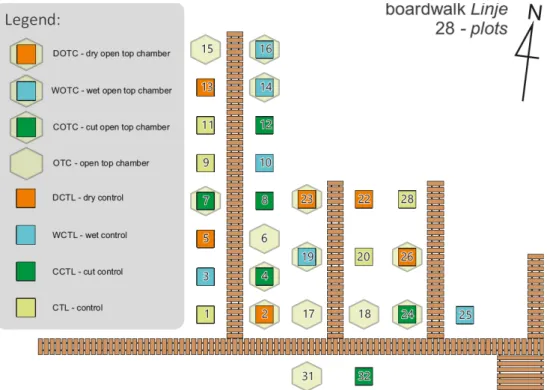 Figure 4. Plan of the experimental site with plots and treatments (OTCs and water-level manipulation): wet–