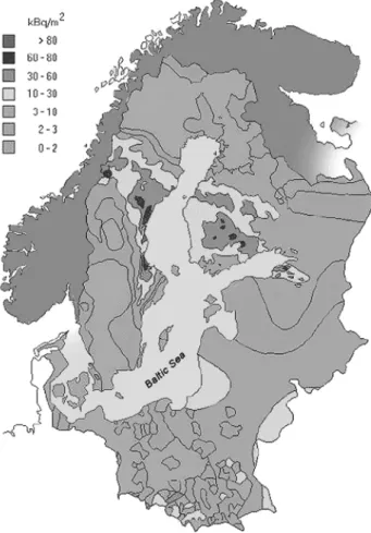 Fig. 4. The density of distribution of Chernobyl fallout after the failure   at the Chernobyl atomic power station in April, 1986 (according to the data  