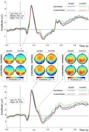 Fig 2. Group-level average ERP waveforms in different experimental conditions. ERP waveforms and scalp topographies of P1, N170, and P250 components are shown for each experimental condition