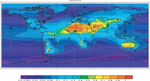 Fig. 1. Location of AERONET stations used in this analysis (diamonds and triangles). Triangles indicate stations where the surface extinction is dominated by dust, while diamonds are stations where other aerosols dominate (&gt;50%) model predicted surface 