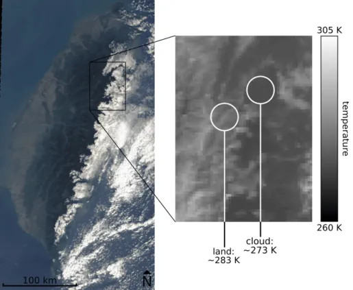 Figure 2. Surface temperatures calculated using a split-window approach by Jiménez-Munõz and Sobrino (2008) for the MODIS overflight at 5 January 2014, 10:35 UTC + 8
