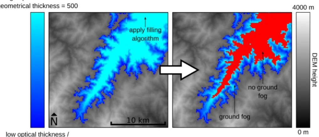 Figure 3. Theoretical geometrical thickness/optical thickness under the assumption of a per- per-fectly plane parallel cloud restricted by the terrain in its extent
