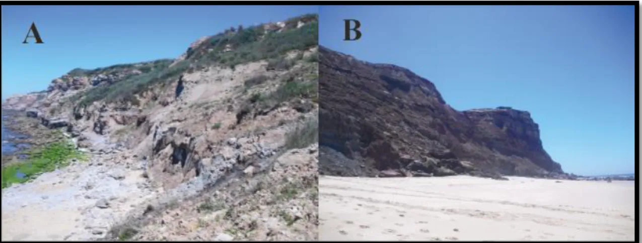 Figura 2.14 Aspecto da Formação do Freixial nas arribas da Praia das Peças (A) e Praia de Cambelas (B)