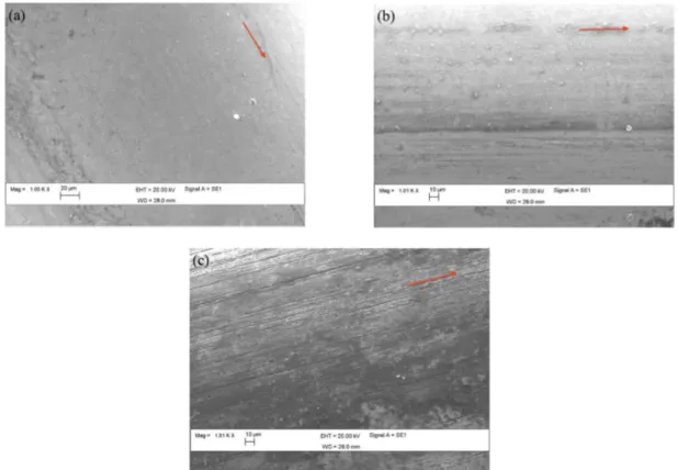 Figure 4: SEM micrographs of the surfaces of the wires for the different surface treatment conditions: (a) NT, (b) A and (c) AB  samples, respectively