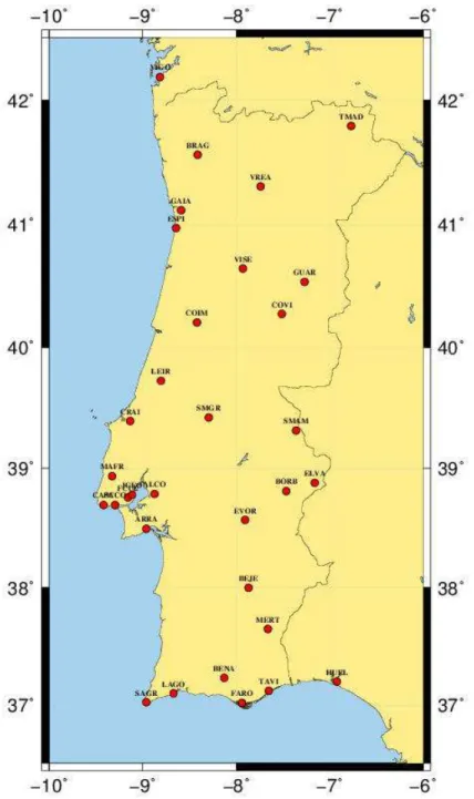 Figura 4-3 - Pormenorização das estações GPS instaladas em Portugal Continental. 