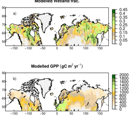 Figure 4. (a) Modelled wetland maximum extent (frozen and unfrozen) for comparison to GLWD; (b) modelled mean annual GPP.