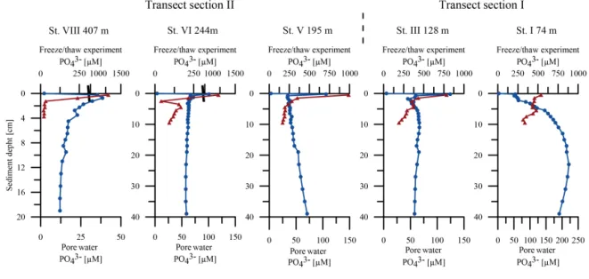 Figure 7. Comparison of porewater PO 3− 4 concentrations before (blue) and after the freeze–thaw experiments (red) in µmol L −1 .