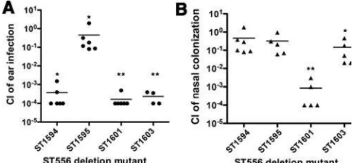 Figure 4. Quantification of the attenuation with ST556 deletion mutants. (A) Middle ear co-infection