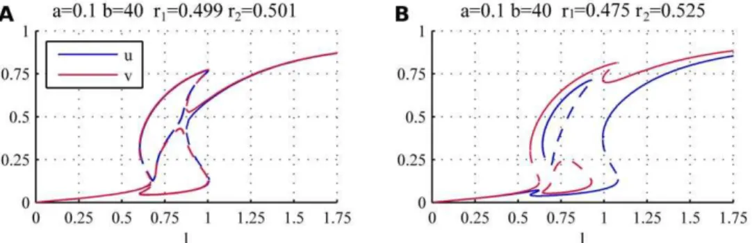 Figure 7 shows bifurcation diagrams for two cases with weak asymmetry (r 1 ~0:499, r 2 ~0:501 and r 1 ~0:475, r 2 ~0:525) using the same parameters as for the symmetric WT cells (a ~0:1,b ~40)