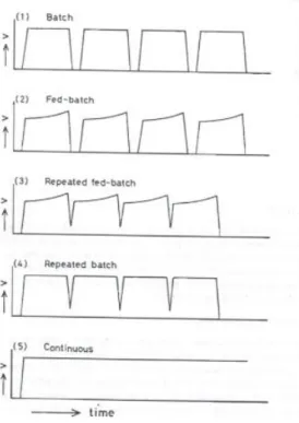 Figura 2.2 - Modos de operação de reatores (volume vs tempo). Adaptado de [66]