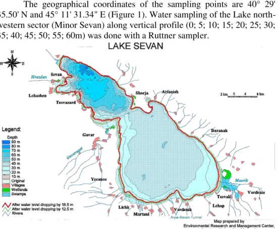 Figure 1. Map of Lake Sevan catchment basin (“X” is the illustration of the  position of the sampled vertical profile) 