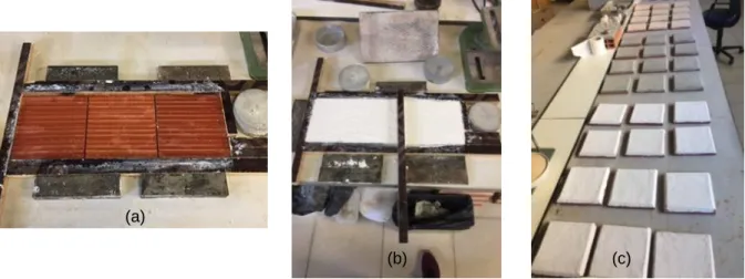 Figura 3. 4 - Fases de execução dos provetes base: (a) montagem dos moldes para a execução de três  provetes; (b) aplicação da argamassa de cal aérea nos moldes; (c) provetes das três argamassas em processo 