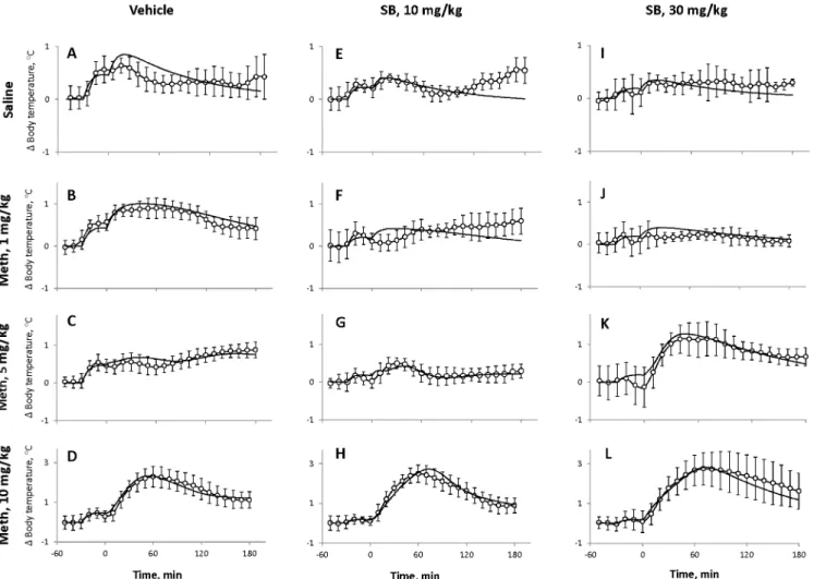 Fig 6. Comparison of experimental data and model responses. Experimental data shown by open circles (average temperature); error bars represent standard deviations over a group of rats