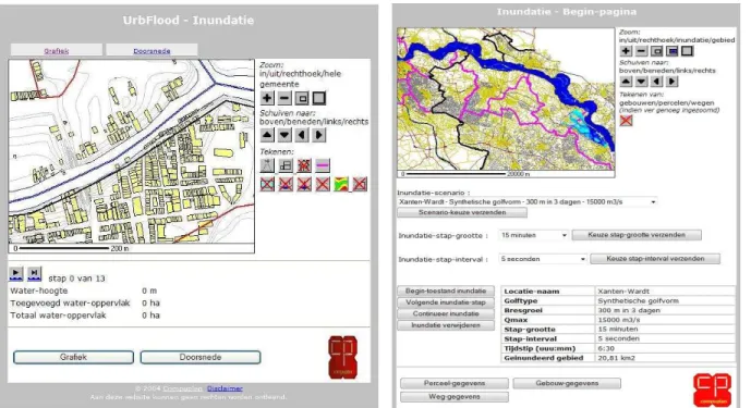 Figure 5: Two examples of interactive inundation software through web site application, left hand side: 