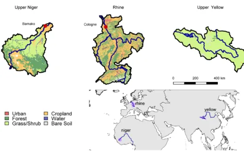 Figure 1. Land use maps of three basins under study: the Upper Niger, the Rhine and the Upper Yellow.