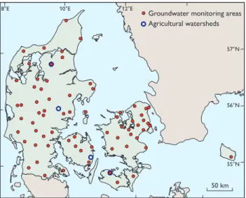 Fig. 2. Network of Danish national groundwater monitoring areas (catchments) and selected agricultural watersheds covered by the  ex-tended monitoring programme