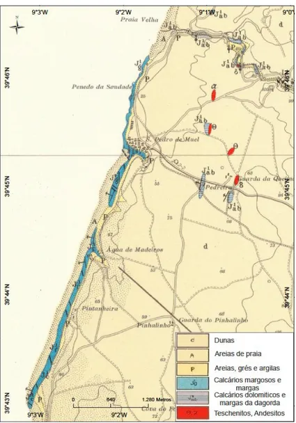 Figura 1.2 Litologia em São Pedro de Moel. Adaptado de Carta Geológica de Portugal - 22d 