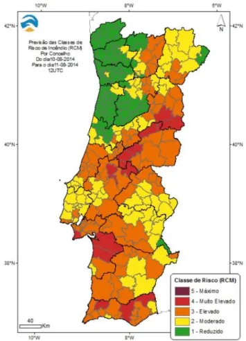 Figura 5. Classes de risco de incêndios (RCM) por concelho referente ao dia 11-08-2014