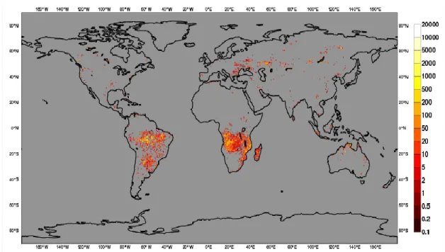 Figura 9. Energia de radiação térmica libertada (mW/m2) pelos incêndios florestais ocorridos no  dia 20 de Agosto de 2014